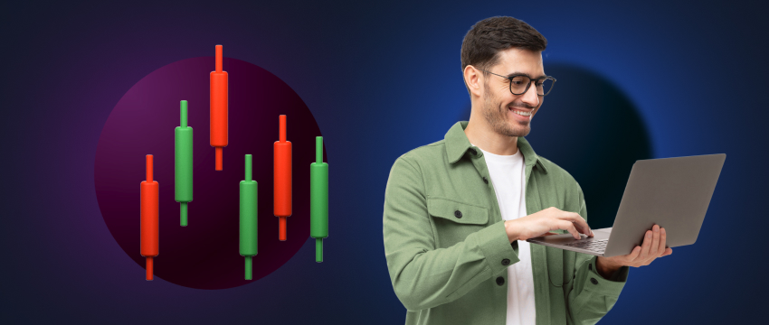 A smiling man holds a laptop, analyzing a chart related to forex trading at an investment event.