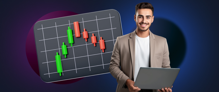 A man at a forex event holds a laptop while standing before a chart, focused on trading analysis.
