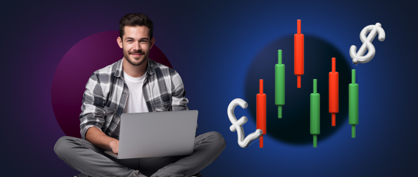 A trader man on the floor using a laptop, surrounded by a dollar sign, representing trading and financial activities.