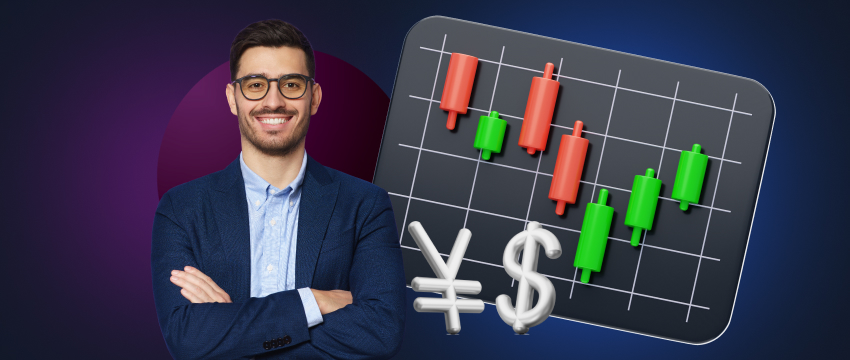 A suited man with glasses stands in front of a chart displaying dollar signs, illustrating a forex traders strategy presentation