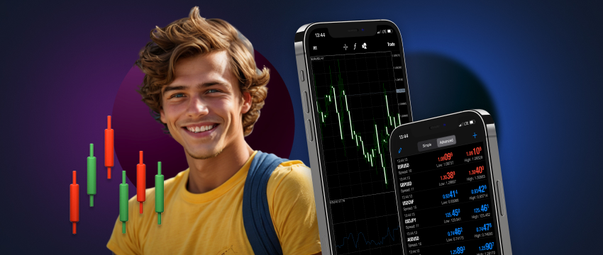 A man smiles while showing his phone with a stock chart, representing achievement in mobile trading.