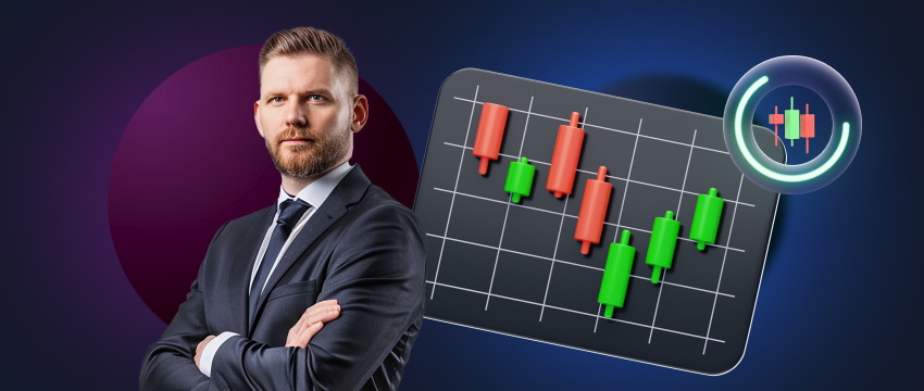 A suited man stands next to a forex trading chart, focusing on data analysis for scalper trading on MT4.