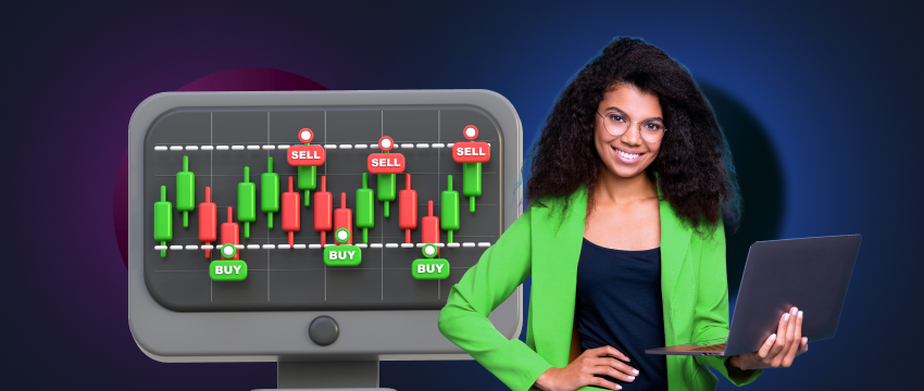 A woman stands with a laptop and a computer screen featuring a stock chart, illustrating her achievement in scalping trading.