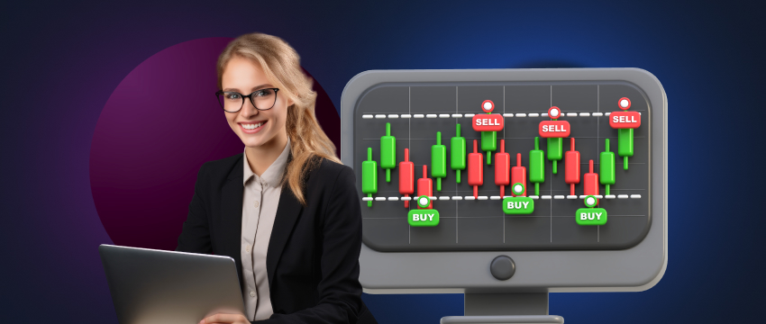 A focused woman in glasses analyzes swing trading charts on her laptop in a professional workspace.