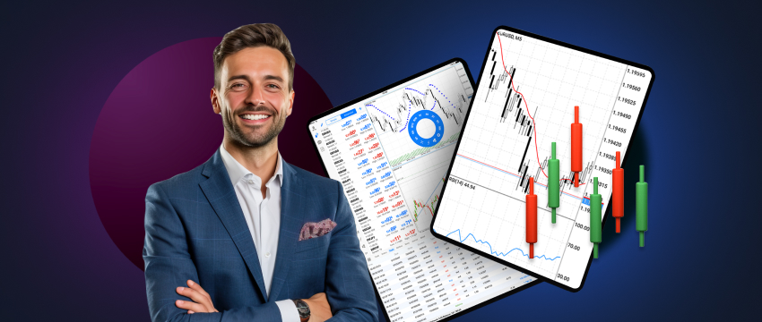 A man in a suit smiles while holding a tablet that shows a chart, symbolizing his work as a forex day trader.