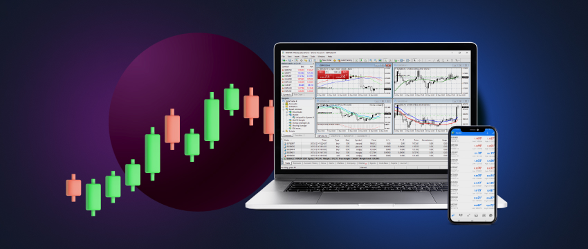 Image of a laptop and smartphone used for forex trading, featuring a technical trading platform for buying and selling currencies.