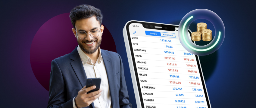 Successful traders, man smiling while analyzing gold forex investments using technical tools and charts.