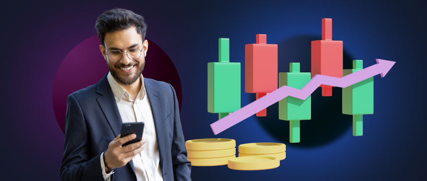 A man in a suit holds a phone while analyzing a financial chart, representing forex traders and market trends.