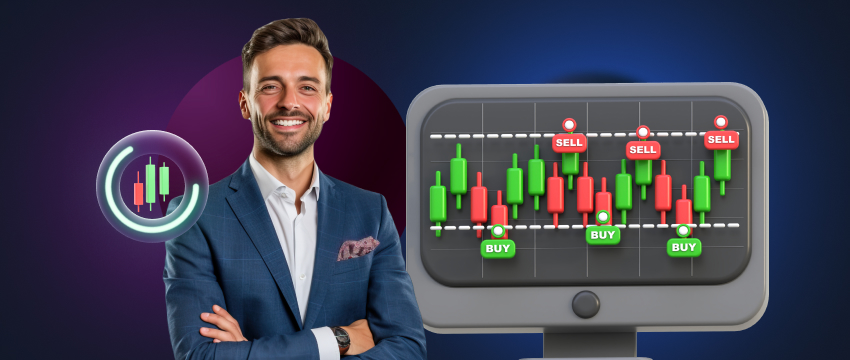 A suited man, trader, stands in front of a computer screen showing forex scalping indicators on the MT4 trading platform.