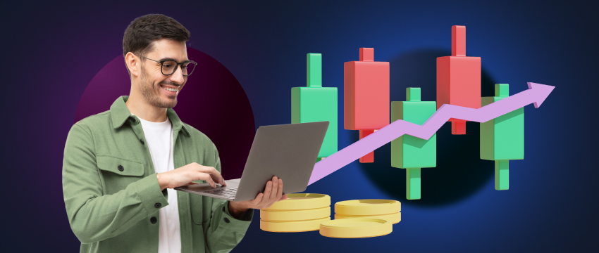 A man with a laptop, studying a forex trading chart, engaged in buying and selling cryptocurrency coins.