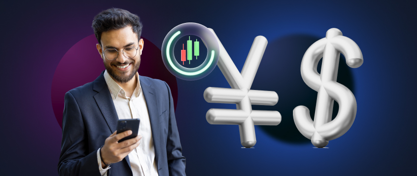 A successful forex trader smiling while using a smartphone, engaged in trading yen and dollar currencies.
