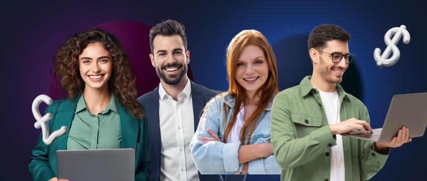 A diverse group of forex traders with laptops, surrounded by symbols of money including the dollar, euro, and pound.