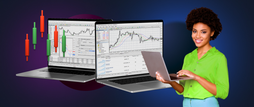 A woman, a forex trader, holds a laptop showing a stock chart, illustrating her engagement in fundamental and technical analysis.