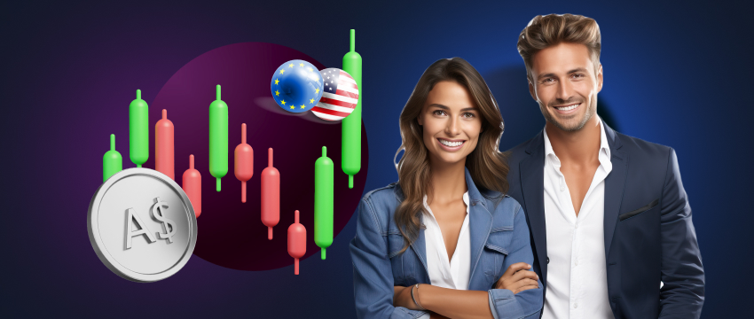 Two traders, a man and a woman, smile while holding a dollar sign, representing their winning moment in the market.