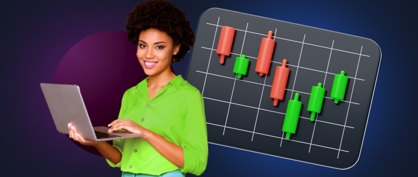A woman presents a laptop with a trading chart, illustrating her success in forex trading on an online platform.