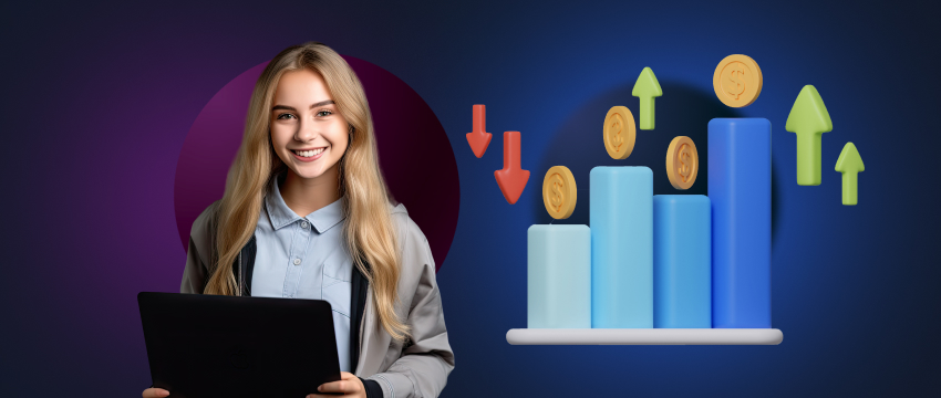 A woman trader smiles while holding a laptop showing a bar graph and coins, representing her success in forex trading.