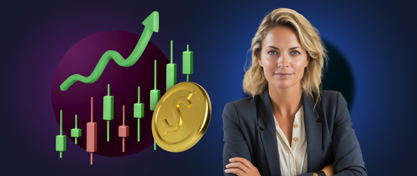 A businesswoman trader proudly displays a gold coin, representing her achievements in trading and financial success.