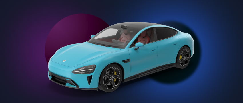 A blue sports car, representing Xiaomi's electric performance, set against a dark backdrop.