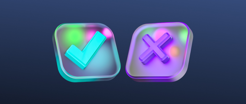 Two bright buttons, one displaying a check mark and the other an X, illustrating decisions to make in forex trading.