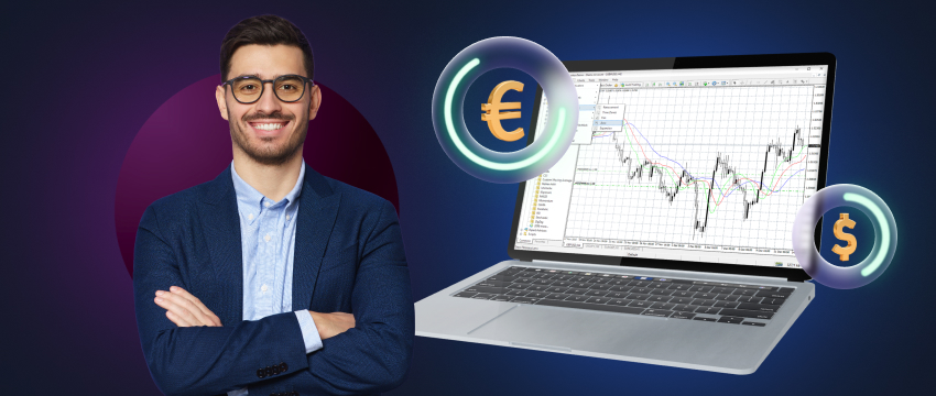 Male forex trader analyzing US dollar and euro pairs on the MT4 platform, focusing on carry trade opportunities.