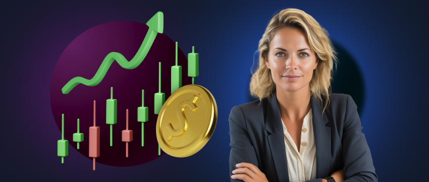 A businesswoman holds a gold coin, illustrating the connection between finance and high-frequency trading analysis.