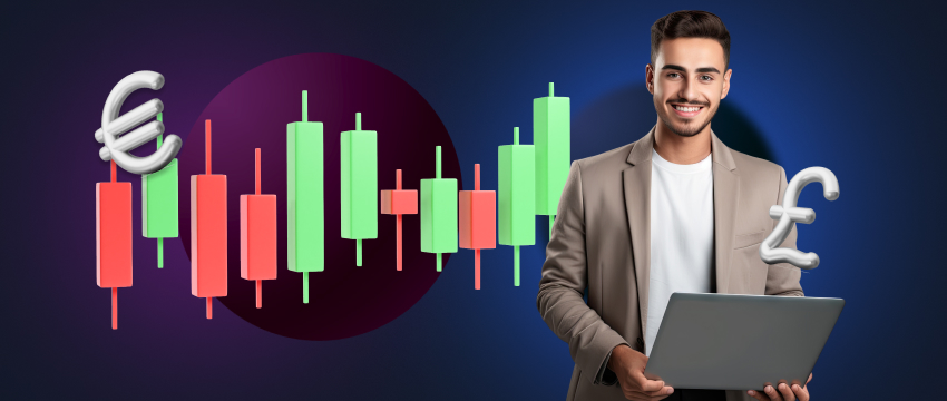 Forex trading scene with a man studying Euro and GBP charts, focusing on strategies to generate income.