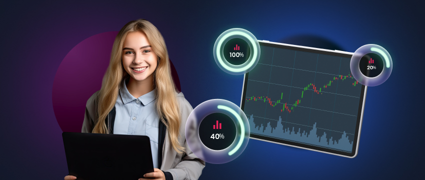 A woman analyzes a trading chart displayed on her laptop, focusing on market trends and data insights.