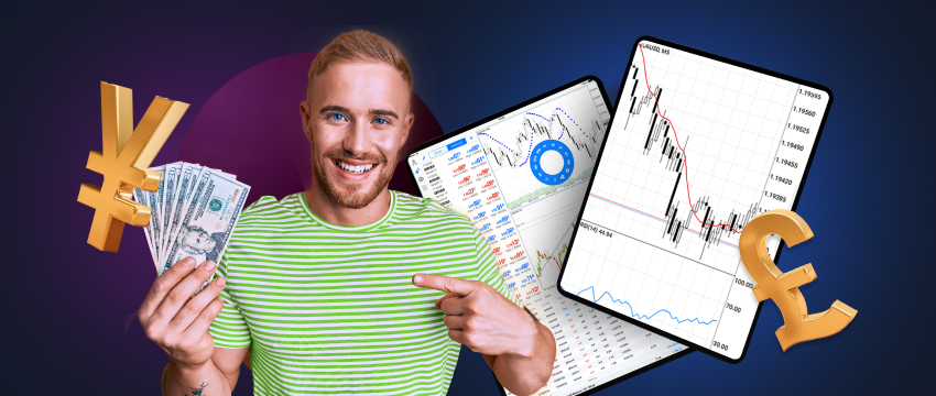 A man displays money and currency signs while using a tablet to track yen and British pound movements in Forex trading.