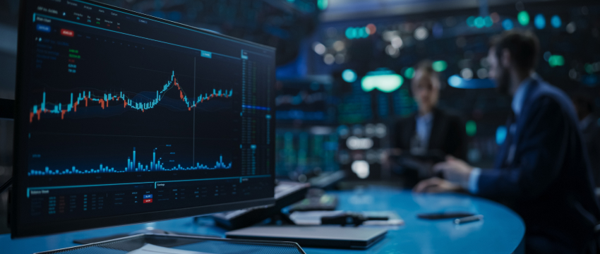 Um escritório de mercado de ações com foco em uma tela de computador exibindo gráficos financeiros. Ao fundo, duas figuras desfocadas estão em discussão.