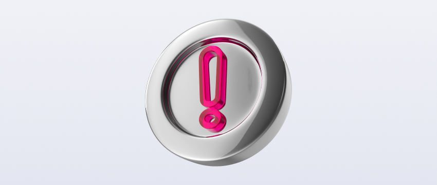 3D metallic button featuring a glossy pink exclamation mark, set against a soft gradient background. Symbolizes alert or important information.
