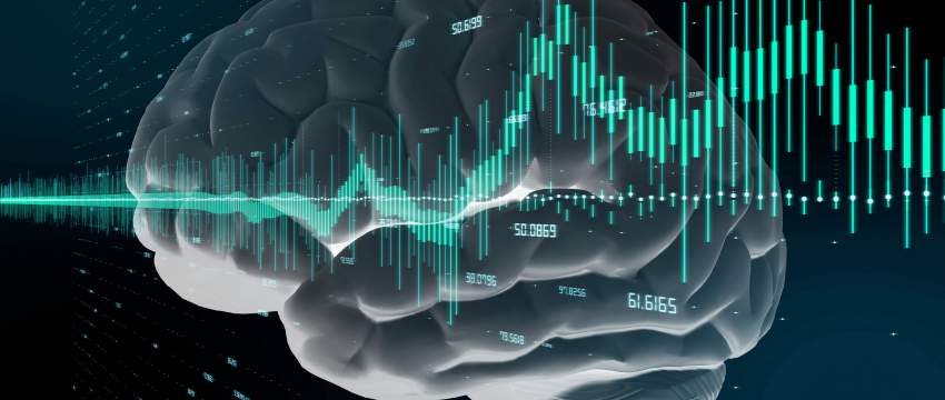 Diagram of a brain with a wave line and data line, highlighting essential concepts in trading psychology analysis.