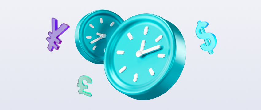Illustration of two clocks surrounded by currency symbols, representing how different times of day affect forex market activity, volatility, and global trading sessions.
